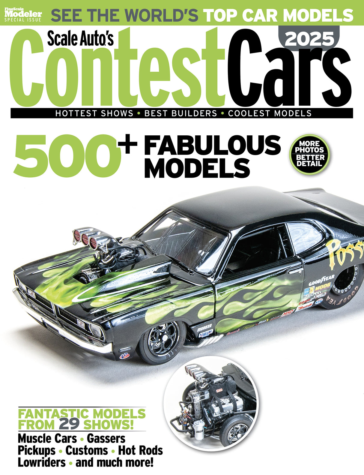 Magazine cover featuring a model car with flames, titled 'Contest Cars 2025'.