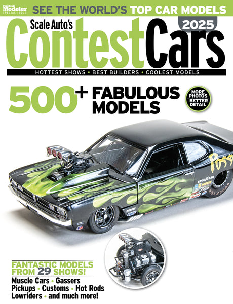 Magazine cover featuring a model car with flames, titled 'Contest Cars 2025'.