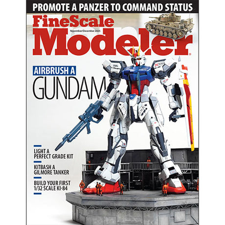 Magazine cover featuring a model of a robot with text about promoting a panzer to command status and airbrushing a Gundam.