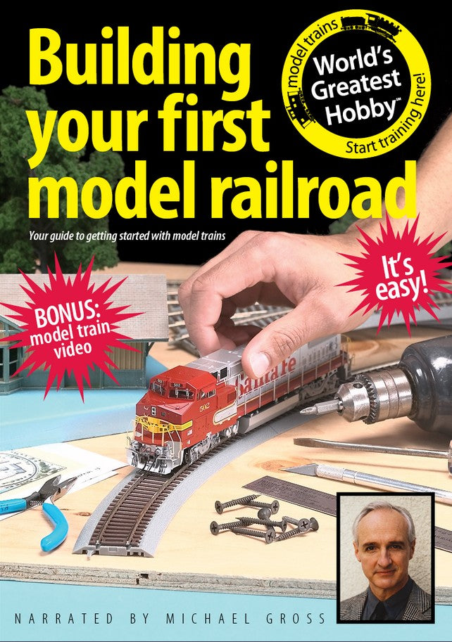 DVD cover of 'Building your first model railroad' with a model train set and tools on a table.