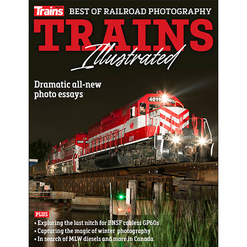 Magazine cover of 'Trains Illustrated' featuring a red and white train on a bridge.