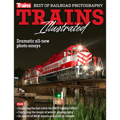 Magazine cover of 'Trains Illustrated' featuring a red and white train on a bridge.