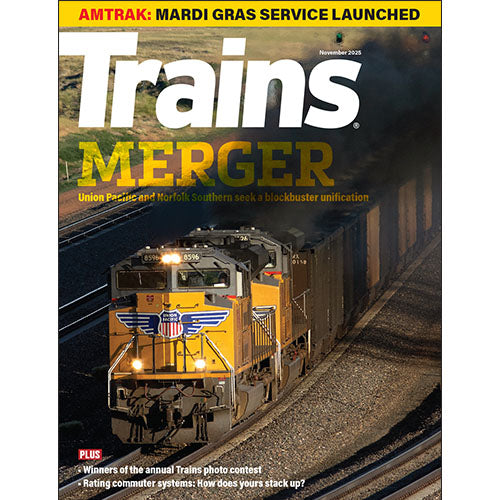 Magazine cover featuring a train on tracks with text about Amtrak, Mardi Gras service, and merger.