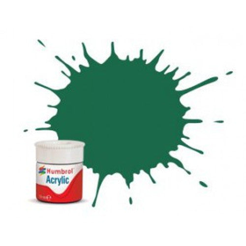 Humbrol acrylic paint can with a green paint splatter on a white background