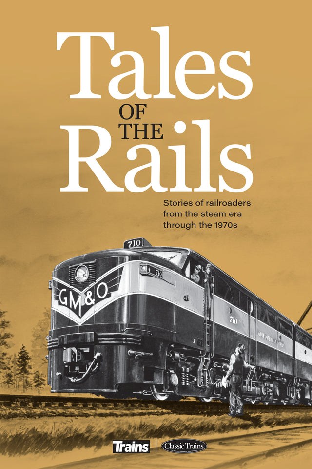 Book cover of 'Tales of the Rails' with a vintage train and text on a beige background
