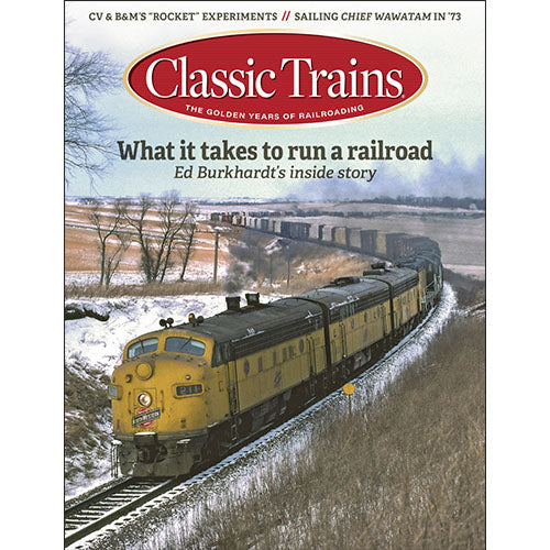 Book cover of 'Classic Trains' with a yellow train on a snowy track