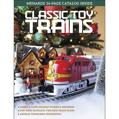 Magazine cover featuring a model train set with a Christmas tree in the background