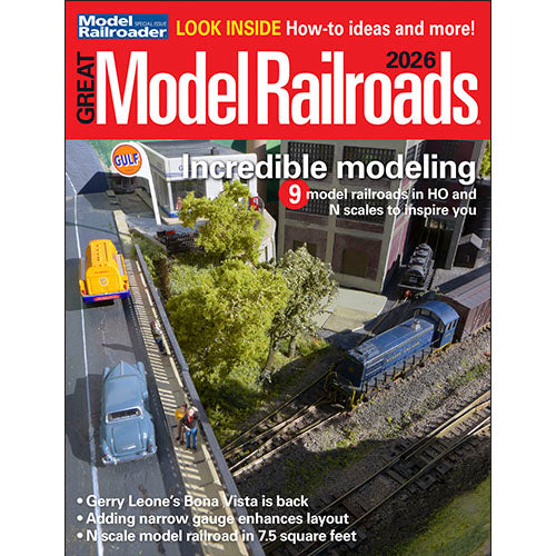 Magazine cover of 'Great Model Railroads 2026' featuring model trains and scenery.