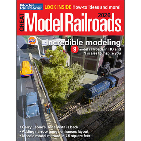 Magazine cover of 'Great Model Railroads 2026' featuring model trains and scenery.